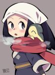  1girl :o akari_(pokemon) black_hair black_shirt blush breath chichibu_(watson) cold commentary_request cyndaquil eyelashes from_side grey_background grey_eyes grey_jacket head_scarf jacket long_hair looking_back open_mouth pokemon pokemon_(creature) pokemon_(game) pokemon_legends:_arceus ponytail sash shirt sidelocks signature simple_background tongue white_headwear 