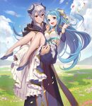  1boy 1girl blue_eyes blue_hair braid breasts carrying carrying_person character_request closed_mouth cloud copyright_request dress frilled_dress frills hair_ribbon highres horns long_hair meadow medium_breasts open_mouth princess_carry red_eyes ribbon shoes silver_hair sky smile standing teffish 
