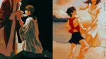  1girl 3boys amuii beach beard cassock child dancing emiya_kiritsugu facial_hair fate/zero fate_(series) highres kneeling kotomine_kirei multiple_boys muted_color out-of-frame ponytail praying priest shirley_(fate) shorts tank_top younger 