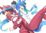  2girls :d ^_^ ahoge animal_ears blue_hair blush brown_eyes brown_hair closed_eyes commentary_request green_hair horse_ears horse_girl horse_tail jacket locked_arms long_hair long_sleeves miri_(ago550421) multicolored_hair multiple_girls nice_nature_(umamusume) pants profile red_jacket red_pants sharp_teeth sidelocks simple_background smile tail teeth track_jacket track_pants track_suit twin_turbo_(umamusume) twintails two-tone_hair umamusume very_long_hair white_background 