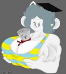  anthro breasts canid canine clothed clothing diploma felid feline female hair hi_res holding_breast lerntern mammal muscular simple_background smug solo tem temmie_(undertale) text topwear undertale undertale_(series) video_games white_body 
