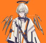  1boy arknights bag bangs crossed_bangs detached_wings executor_(arknights) grey_eyes hair_between_eyes id_card jacket male_focus mechanical_halo orange_background platinum_blonde_hair simple_background solo upper_body wings yoruhachi 