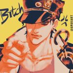  1boy amuii anger_vein chain hat hat_over_one_eye jojo_no_kimyou_na_bouken kujo_jotaro male_focus muted_color pointing portrait solo stardust_crusaders twitter_username 