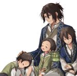  4boys bangs black_hair blue_eyes character_request child closed_eyes eiyuu_densetsu hair_between_eyes hakuleg hand_on_another&#039;s_head long_sleeves male_focus multiple_boys on_lap open_mouth sen_no_kiseki short_ponytail simple_background sitting white_background wide_sleeves 