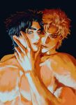  2boys amuii black_background black_hair blonde_hair blue_eyes dio_brando grabbing_another&#039;s_chin hand_on_another&#039;s_chin highres jojo_no_kimyou_na_bouken jonathan_joestar multiple_boys muscular muscular_male muted_color nude pectorals phantom_blood red_eyes upper_body yaoi 