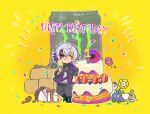  1boy animal_ears bangs black_footwear black_jacket black_pants boots bouquet box cake can cardboard_box cat chibi closed_mouth cross-laced_footwear crossover cup drinking_glass energy_drink flower flowey_(undertale) food fuwa_minato gift gift_box grey_hair hair_between_eyes happy_birthday holding holding_cup inkling jacket kiduta_cielo lace-up_boots lightning_bolt_symbol long_sleeves male_focus monster_energy multicolored_hair multiple_crossover nijisanji notice_lines one_eye_closed open_clothes open_jacket pants petals purple_eyes purple_hair red_flower red_rose rose shirt splatoon_(series) streaked_hair undertale virtual_youtuber white_shirt wine_glass yellow_background 