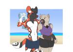  african_wild_dog anthro beach canid canine couple_(disambiguation) dasyurid dasyuromorph duo female gangstaguru male male/female mammal marsupial seaside tasmanian_devil towel 