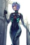  1girl ayanami_rei black_bodysuit blue_hair blush bodysuit breasts commentary_request day earbuds earphones evangelion:_3.0+1.0_thrice_upon_a_time hair_between_eyes hair_ornament hand_up headpiece highres holding medium_breasts neon_genesis_evangelion open_mouth outdoors plugsuit rebuild_of_evangelion red_eyes revision short_hair skin_tight solo standing tape_recorder teeth yoake_dawn01 