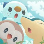  :o black_eyes closed_eyes cloud commentary_request cyndaquil day from_below kinokorin no_humans open_mouth oshawott outdoors pokemon pokemon_(creature) rowlet sky starter_pokemon_trio tongue 