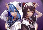  2girls absurdres aimiya_natsume animal_ears animal_hood back-to-back bangs black_collar blue_choker blue_eyes blue_hair brown_hair brown_kimono cat_hood choker collar dog_ears dog_girl dog_hair_ornament earrings fangs flower fox_mask frilled_kimono frills hair_between_eyes hair_flower hair_ornament heterochromia highres holding holding_mask hololive hood hooded_jacket hoshimachi_suisei inui_toko jacket japanese_clothes jewelry kimono long_hair long_sleeves looking_at_viewer low_twintails maid_headdress mask multiple_girls nijisanji open_clothes open_jacket phony_(cevio) red_eyes red_flower school_uniform serafuku star_(symbol) star_in_eye symbol_in_eye twintails very_long_hair virtual_youtuber wa_maid white_jacket wide_sleeves yellow_eyes 