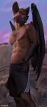 2022 anthro bottomwear brown_body brown_fur chiropteran chunie clothed clothing detailed_background digital_media_(artwork) fur hi_res male mammal membrane_(anatomy) membranous_wings nipples pteropodid shirtless shorts sky solo tank vehicle wings 
