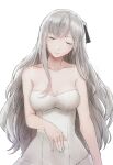  1girl ak-12_(girls&#039;_frontline) aqua_nails bangs bare_shoulders braid breasts cleavage closed_eyes closed_mouth collarbone dress expressionless eyebrows_visible_through_hair french_braid girls&#039;_frontline hair_ribbon jewelry lips long_hair medium_breasts nail_polish ribbon ring silver_hair solo upper_body wedding_dress wedding_ring wenhe white_background white_dress 