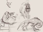 2021 ambiguous_gender bed capcom claws disembodied_hand fanged_wyvern feral furniture grey_background guide_lines hand_on_cheek hi_res humanoid_hands jagras lying monster_hunter on_back on_bed open_mouth scalie sharp_teeth simple_background sketch solo standing teeth the_creacher video_games 