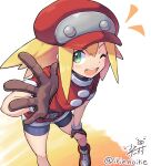  1girl belt bike_shorts blonde_hair brown_gloves cabbie_hat cropped_jacket gloves green_eyes hat highres irie_keisuke_(handn) jacket long_hair looking_at_viewer mega_man_(series) mega_man_legends one_eye_closed open_mouth red_headwear red_jacket red_shorts roll_caskett_(mega_man) short_sleeves shorts smile solo 