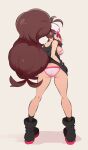  1girl absurdres ass baseball_cap big_hair bikini black_footwear black_legwear blue_eyes boots breasts brown_hair butt_crack commentary from_behind full_body hand_in_pocket hand_up hat highres hilda_(pokemon) kneepits large_breasts legs_apart long_hair looking_at_viewer looking_back nac000 nape pink_bikini pokemon pokemon_(game) pokemon_bw profile romaji_commentary simple_background socks solo standing swimsuit thighs underboob very_long_hair 