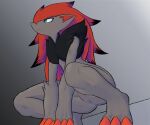  2021 3_fingers ambiguous_gender anthro blue_eyes claws crouching fingers fluffy grey_body hair icykatsura inner_ear_fluff long_hair low-angle_view nintendo pok&eacute;mon pok&eacute;mon_(species) red_hair shoulder_tuft simple_background solo tuft video_games zoroark 