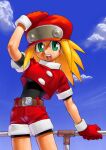  1girl belt bike_shorts blonde_hair breasts brown_gloves cabbie_hat cloud cropped_jacket gloves gotou_kenji green_eyes hat jacket long_hair looking_at_viewer mega_man_(series) mega_man_legends open_mouth red_headwear red_jacket red_shorts roll_caskett_(mega_man) short_sleeves shorts smile solo 