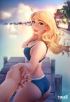  1boy 1girl ass bikini black_swimsuit blonde_hair blue_bikini blue_eyes blurry blurry_background blush commentary english_commentary hairband hetero highres holding_hands league_of_legends long_hair looking_at_viewer lux_(league_of_legends) open_mouth pier smile summer swimsuit tsuaii 