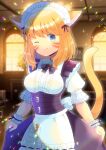  1girl ;) animal_ears apron bangs black_bow black_skirt blonde_hair blue_eyes blurry blurry_background blush bow breasts cat_ears cat_girl cat_tail center_frills closed_mouth collared_shirt commentary_request commission depth_of_field eyebrows_visible_through_hair facial_mark final_fantasy final_fantasy_xiv frilled_apron frills indoors kou_hiyoyo medium_breasts miqo&#039;te one_eye_closed puffy_short_sleeves puffy_sleeves shirt short_sleeves skeb_commission skirt smile solo tail waist_apron whisker_markings white_apron white_shirt window wrist_cuffs 