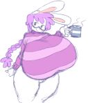  2018 angstrom anthro big_breasts bottomwear braided_hair breasts clothed clothing container cup eyewear female glasses hair holding_cup holding_object huge_breasts hyper hyper_breasts lagomorph leporid long_hair mammal marie_(angstrom) pants purple_hair rabbit smile solo sweater topwear white_body 