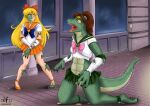  2022 absurd_res alternate_species blonde_hair bottomwear breasts claws clothing duo female green_body green_scales hair hi_res human human_to_anthro kneeling lizard long_hair magical_girl_outfit mammal open_mouth red_hair reptile ribbons sailor_jupiter sailor_moon_(series) sailor_venus scales scalie sharp_teeth skirt species_transformation surprise teeth tongue tongue_out torn_clothing transformation witchfiend 