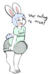  ! 2018 angstrom anthro big_bulge blue_hair bottomwear bulge clothing english_text eyes_closed hair huge_bulge lagomorph leporid male mammal marco_(angstrom) open_mouth rabbit shirt shorts solo text text_on_clothing text_on_shirt text_on_topwear topwear white_body yelling young 