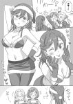  3girls arashi_chisato arm_up bangs bikini breasts embarrassed gloves greyscale hat hip_bones leggings love_live! love_live!_superstar!! marugoshi_teppei medium_breasts medium_hair monochrome multiple_girls navel one_eye_closed santa_bikini santa_hat shibuya_kanon swimsuit tang_keke tongue tongue_out 