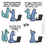  ! 1:1 ? blue_body blue_fox_(foxes_in_love) blue_fur blue_tail canid canine comic computer dialogue duo english_text feral fox foxes_in_love fur green_body green_fox_(foxes_in_love) green_fur green_tail hi_res hole_in_ceiling laptop male_(lore) mammal shadow simple_background text url 