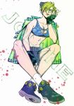  1girl alternate_costume black_hair breasts cleavage cleavage_cutout clothing_cutout double_bun fingerless_gloves gloves green_hair green_lips green_nails heart_cutout highres houndstooth jacket jacket_on_shoulders jojo_no_kimyou_na_bouken kujo_jolyne midriff multicolored_hair shoes shorts sitting sneakers solo stone_ocean toned two-tone_hair yan_(scp_wboc) 