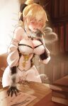  1girl black_bow blonde_hair blush bow breasts closed_eyes clothed_masturbation covered_nipples crotch_rub desk detached_collar detached_sleeves female_masturbation genshin_impact hair_bow highres jean_(genshin_impact) large_breasts long_sleeves masturbation masturbation_through_clothing pants pussy_juice shumiao sidelocks solo standing table_sex tight tight_pants white_pants white_sleeves 
