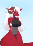  absurd_res anthro big_breasts black_body breasts cleavage clothed clothing dragon dragonborn duo_tone_skin ear_piercing ear_ring female gris_swimsuit hair hands_behind_back hi_res horn inner_ear_fluff long_hair long_tail meme meme_clothing one-piece_swimsuit piercing red_body smug snout solo solo_focus swimwear thick_thighs translucent translucent_clothing translucent_swimwear tuft vanirstrasza white_hair yellow_eyes 