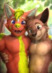  5_fingers abs absurd_res anthro blonde_hair blue_eyes brown_body brown_fur canid canine canis clothed clothing domestic_dog duo fingers fur hair hand_on_shoulder hand_on_side hi_res husky inner_ear_fluff looking_at_viewer male male/male mammal multicolored_body multicolored_fur muscular muscular_male neck_tuft nordic_sled_dog open_mouth open_smile outside pecs red_body red_fur smile spitz supersonicsoup topless topless_male tuft yellow_body yellow_fur 