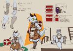 anthro armband bare_shoulders bed bedding belt blanket book clothed clothing dialogue eating english_text eyewear female food furniture glasses green_eyes grey_body hi_res horn kneeling kobold midriff model_sheet sandwich_(food) sitting solo suggestive tail_motion tailwag text the_creacher walking 