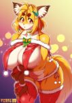  2021 accessory amakuchi anthro areola areola_slip bare_shoulders big_breasts blonde_hair blush bow_ribbon breasts canid canine choker christmas christmas_clothing clothing ear_tuft eyebrows female fox foxy-rena gloves_(marking) gradient_background hair hair_accessory hi_res holidays holly_(plant) jewelry kemono leaning leaning_forward legwear looking_at_viewer mammal markings necklace open_mouth plant portrait pupils red_clothing red_eyes red_fox red_legwear red_thigh_highs signature simple_background slit_pupils solo thick_eyebrows thigh_highs three-quarter_portrait tuft whiskers 