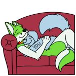  1:1 alpha_channel anthro canid canine canis clothing collar cuddling digital_media_(artwork) duo embrace fidget_the_fox fox fur furniture green_body green_eyes green_fur hug male male/male mammal multicolored_clothing rainbow_colors simple_background smile sofa sticker supersonicsoup telegram telegram_stickers text white_body white_fur ych_(character) 