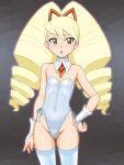  1girl :o bangs big_hair blonde_hair blush breasts bridal_gauntlets cowboy_shot detached_collar drill_hair eyebrows_visible_through_hair genka_ichien green_eyes hair_ribbon highleg highleg_leotard highres leotard long_hair luna_platz_(mega_man) mega_man_(series) mega_man_star_force non-web_source outer_glow ribbon shiny shiny_skin side-tie_leotard small_breasts solo strapless strapless_leotard sweatdrop thighhighs twin_drills white_leotard 