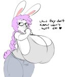  &lt;3 2018 angstrom anthro big_breasts bottomwear braided_hair breasts clothed clothing denim denim_clothing english_text eyewear female glasses hair huge_breasts hyper hyper_breasts jeans lagomorph leporid long_hair mammal marie_(angstrom) pants purple_hair rabbit shirt smile solo tank_top text topwear white_body 