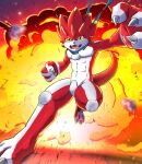  abs absurd_res akisora_kurio anthro bandai_namco betelgammamon claws digimon digimon_ghost_game explosion fire hi_res horn male muscular muscular_anthro muscular_male pecs red_body scalie scarf solo yellow_eyes 