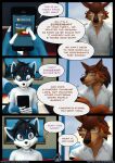  3d_(artwork) anthro black_hair blue_body blue_fur bookshelf brown_body brown_fur canid canine canis cellphone comic comic_panel dialogue digital_media_(artwork) door dransvitry english_text eyewear female fur furniture glasses hair hi_res male mammal office phone procyonid raccoon ryder_(striped_sins) speech_bubble striped_sins text twitter url willitfit window wolf 