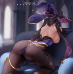  1girl arm_rest artist_name ass ass_focus aztodio bent_over black_bow black_hair blue_leotard bow breasts breasts_out brown_legwear earrings elbow_gloves from_behind genshin_impact gloves hair_bow hair_ornament hat highleg highleg_leotard indoors jewelry kneeling leotard long_hair medium_breasts mona_(genshin_impact) no_bra pantyhose patreon_username star_(symbol) star_earrings star_hair_ornament strapless strapless_leotard twintails witch_hat 
