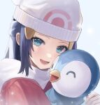  1girl :d absurdres beanie blue_background blue_eyes blue_hair cheek-to-cheek close-up dawn_(pokemon) ff_01 happy hat heads_together highres hug jacket long_hair looking_at_viewer piplup pokemon pokemon_(creature) pokemon_(game) print_headwear red_jacket scarf smile white_headwear white_scarf 