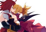  1boy 1girl absurdres adell_(disgaea) ahoge artist_name back backless_dress backless_outfit bare_back bare_shoulders bat_wings black_gloves black_wings blonde_hair blue_eyes bow chinese_commentary closed_eyes closed_mouth detached_sleeves disgaea dress dress_bow earrings eyebrows_visible_through_hair from_side gloves hetero highres huge_ahoge jewelry kiss long_sleeves makai_senki_disgaea_2 necktie pointy_ears pupa_jiang red_hair red_necktie ring rozalin short_hair simple_background white_background wings yellow_bow 
