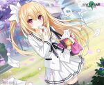  1girl black_ribbon blonde_hair blouse closed_mouth date_a_live date_a_live:_spirit_pledge day eyebrows_visible_through_hair heart holding holding_letter letter long_hair long_sleeves looking_at_viewer mayuri_(date_a_live) official_art outdoors pink_bag red_eyes ribbon school_uniform serafuku shirt skirt smile solo sunlight very_long_hair white_blouse white_skirt 