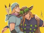  2boys beanie beard blonde_hair blue_eyes brown_hair deathbewrryyy facial_hair green_eyes gyro_zeppeli hat hood hoodie johnny_joestar jojo_no_kimyou_na_bouken long_hair male_focus multiple_boys short_sleeves steel_ball_run 