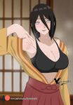  1girl absurdres agung911 arm_up armpits bangs black_bra black_hair blurry blurry_background blush boruto:_naruto_next_generations bra breasts cleavage door highres hyuuga_hanabi indoors large_breasts looking_at_viewer loose_clothes naruto_(series) navel purple_eyes robe shiny shiny_hair signature skirt steam steaming_body tongue tongue_out underwear v 