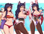  2girls ahoge ahri_(league_of_legends) animal_ears artist_name ass bandeau bikini black_hair blue_background blue_eyes blue_hair blush blushy-pixy border braid braided_ponytail breasts cleavage collarbone commentary cowboy_shot detached_sleeves drill_hair english_commentary eyebrows_visible_through_hair eyes_visible_through_hair gwen_(league_of_legends) hair_between_eyes hand_on_hip heart heterochromia large_breasts league_of_legends leotard lips long_hair looking_at_viewer multiple_girls multiple_views navel open_clothes pantyhose playboy_bunny purple_eyes rabbit_ears rabbit_tail red_bikini revision simple_background slit_pupils smile strapless strapless_bikini strapless_leotard sweatdrop swimsuit tail tape_measure teeth tongue tube_top twin_drills two-tone_background watermark white_border yellow_eyes 