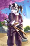  2022 2:3 absurd_res anthro armor cherry_blossom clothing curved_horn equid equine fan_character flower hi_res horn jedayskayvoker looking_at_viewer looking_back male mammal melee_weapon plant samurai signature solo sunrise sword unicorn warrior weapon 