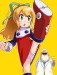  1boy 1girl :d blonde_hair blush_stickers closed_mouth dr._light_(mega_man) dress green_eyes green_ribbon hair_ribbon long_hair long_sleeves mega_man_(classic) mega_man_(series) open_mouth panties ponytail red_dress red_skirt ribbon roll_(mega_man) simple_background skirt smile split standing standing_on_one_leg standing_split teeth trembling underwear upper_teeth 