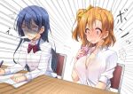  2girls blue_eyes blue_hair breast_expansion breasts drinking drinking_straw_in_mouth embarrassed gloom_(expression) highres kousaka_honoka large_breasts long_hair looking_at_another love_live! love_live!_school_idol_project md5_mismatch medium_hair multiple_girls natsumeyuki_(siroyuki026) orange_hair resolution_mismatch shaded_face side_ponytail sonoda_umi source_larger spitting strawberry_milk surprised yellow_eyes 