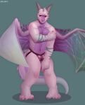  absurd_res anthro blush bulge claws clothing dragon hi_res horn jockstrap male muscular paws pecs purple_body purple_eyes shy snaftfc solo underwear white_body wings 